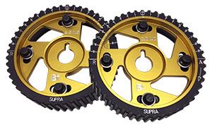 Brian Crower cam gears for Subaru EJ205/EJ257, adjustable set of 2, exhaust side only, in gold and black finish.