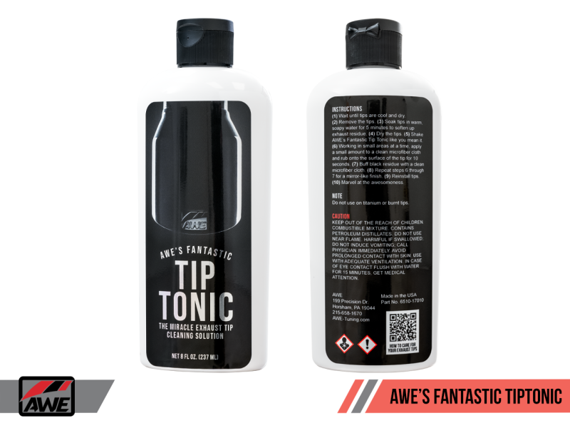 AWE TipTonic cleaning solution bottle, designed to clean and shine exhaust tips without abrasives.