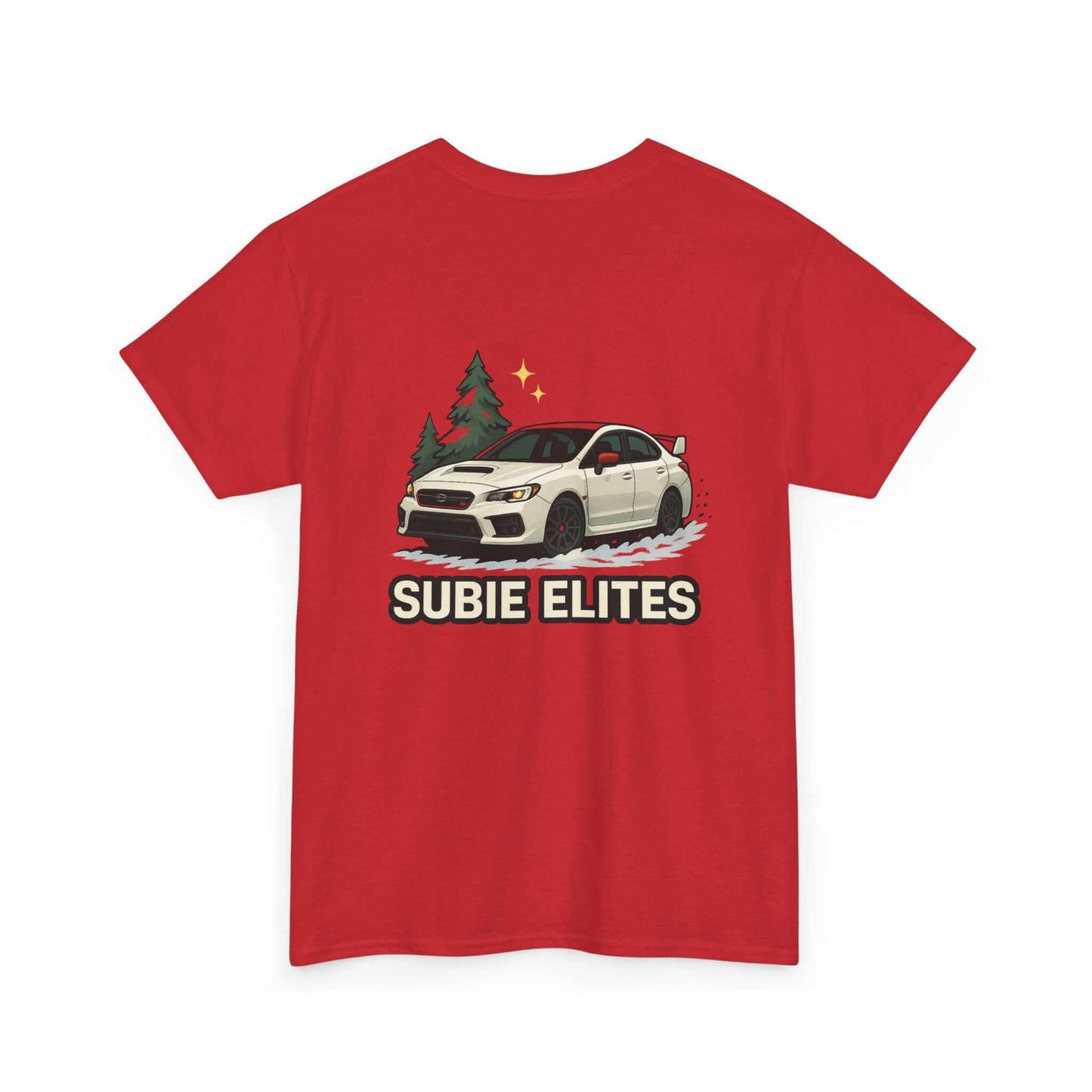 Subie Elites T-Shirt —WRX/STI Car Club Graphic Tee featuring a Subaru graphic on a red crew neck tee.