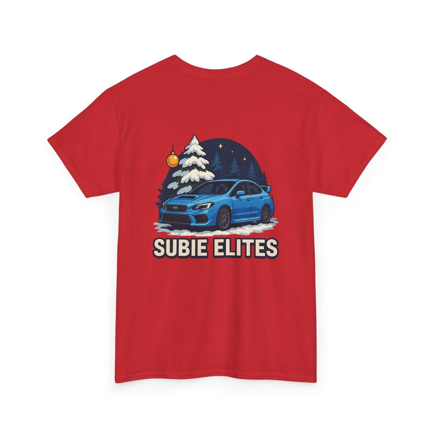 WRX HOLIDAY T-SHIRT featuring a blue Subaru design with holiday trees and the text SUBIE ELITES on a t-shirt.