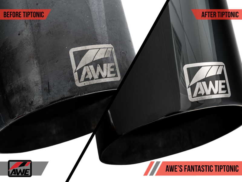 AWE TipTonic cleaning solution shown in before and after comparison on a car exhaust tip.