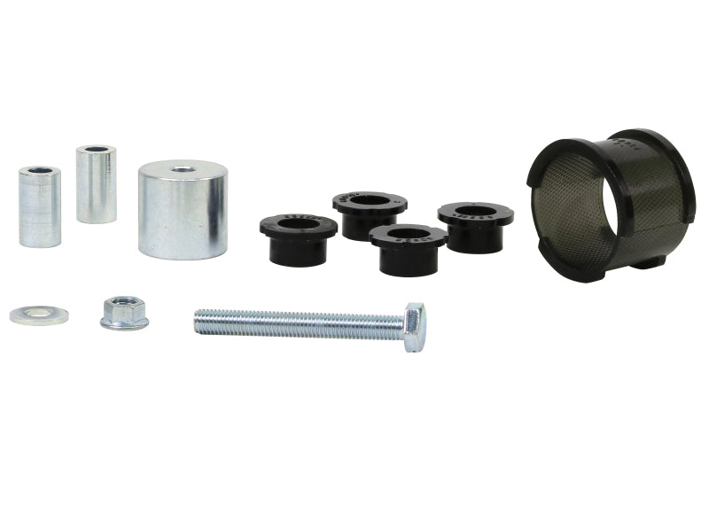 Subaru WRX steering rack bushes components including metal and rubber bushings and mounting hardware.