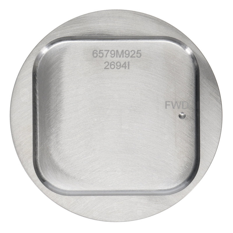 Subaru WRX EJ20 stroker piston kit top view showing detailed engraving and finish.