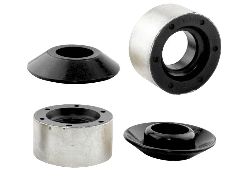 Subaru WRX anti-dive caster kit components showing alloy mounts and synthetic elastomer bushings for improved performance.