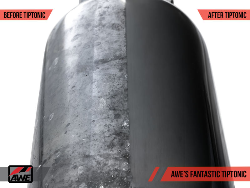 AWE TipTonic cleaning solution before and after result showing improved shine on metal surface.