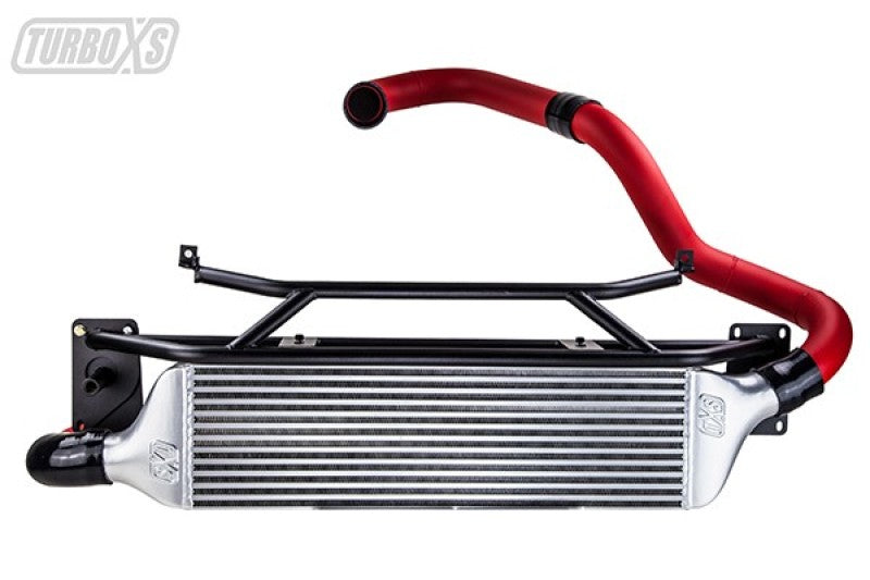 Turbo XS FMIC for 15-16 Subaru WRX front mount intercooler with wrinkle red pipes.