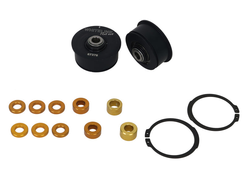 Subaru STi front anti-dive caster kit components including aluminum bushings and performance bearings from Whiteline.