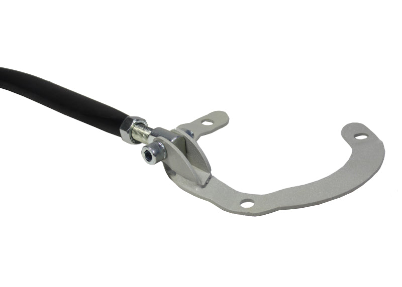 Subaru STi WRX adjustable strut tower brace showing detailed metal design and mounting hardware.