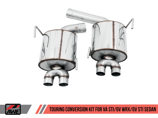 AWE Tuning Subaru STI conversion kit featuring Touring Edition exhaust components for VA STI/GV WRX sedan.