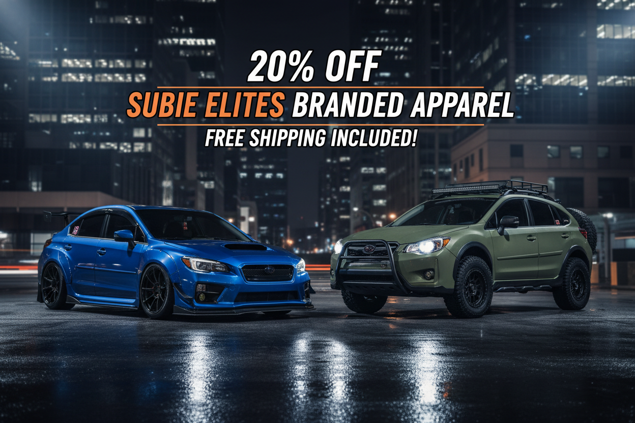 an image with a Built STI and a Built Crosstrek with a professional ad context that reads 20% OFF SUBIE ELITES BRANDED APPAREL FREE SHIPPING INCLUDED!