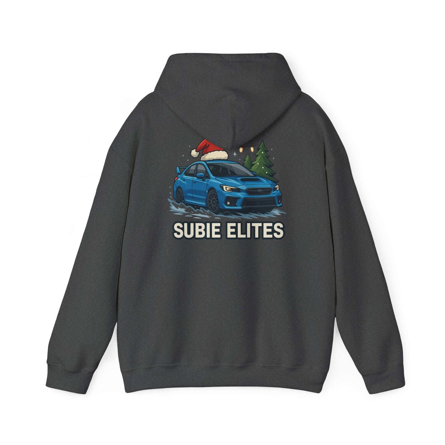 Subie Elites Holiday Hoodie – Blue Subaru with Santa Hat & Pine Trees