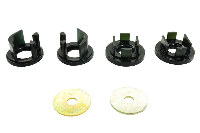 Subaru WRX rear diff mount inserts from Whiteline, including black bushings and washers for improved power transfer.