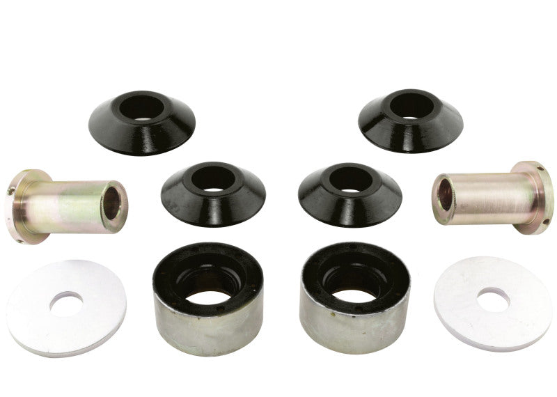 Subaru WRX anti-dive caster kit components including alloy mounts and synthetic elastomer bushings.