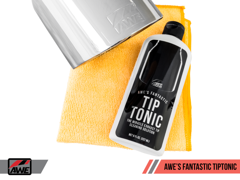 AWE TipTonic cleaning solution bottle and microfiber cloth for perfect tip cleaning without harsh chemicals.