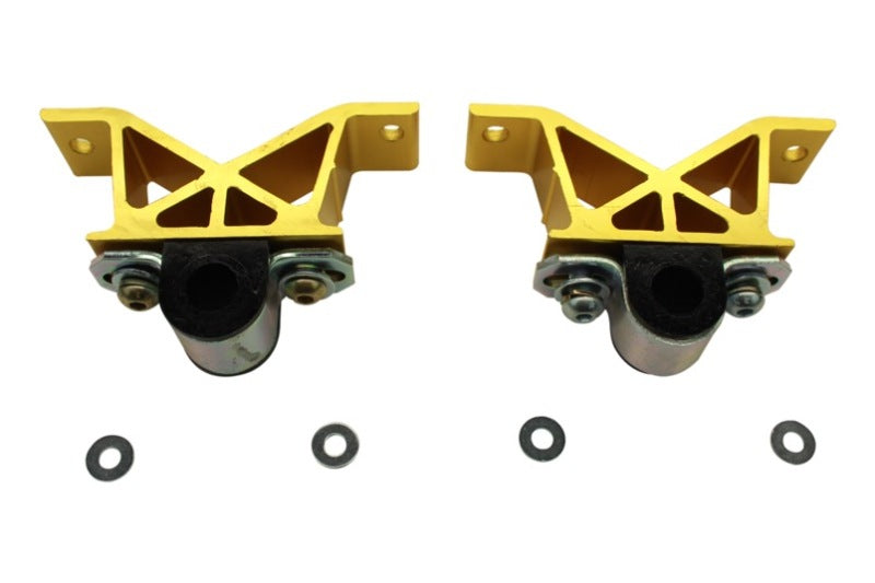 Subaru WRX sway bar mounting kit featuring heavy duty yellow forged alloy brackets and rubber bushings for improved performance.