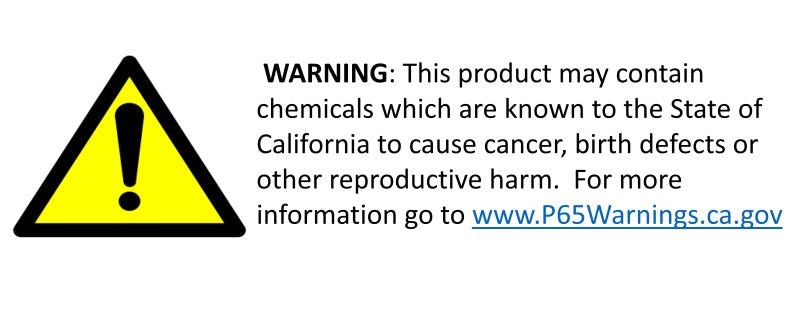 Warning label about potential chemicals causing cancer or reproductive harm in products, directed to P65Warnings.ca.gov.