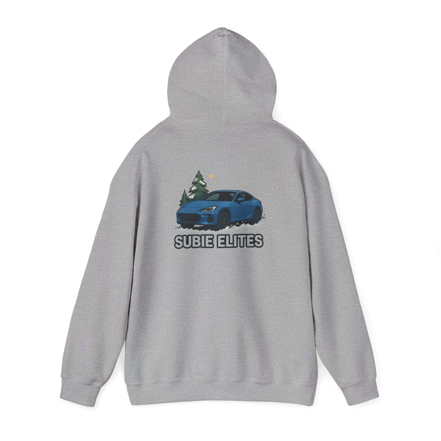 BRZ HOLIDAY HOODIE  pullover with blue BRZ graphic and evergreen trees, perfect for car enthusiasts.
