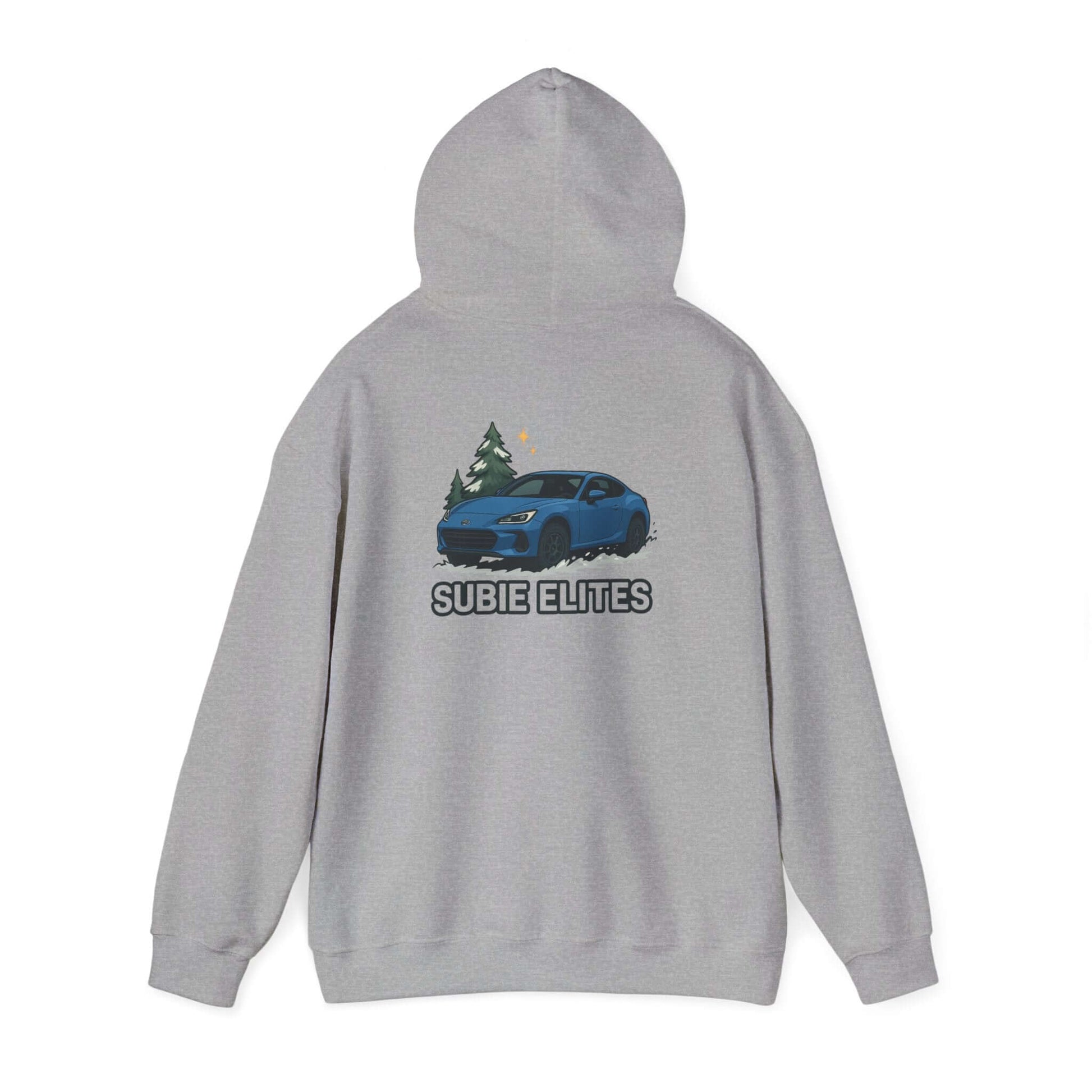 BRZ HOLIDAY HOODIE  pullover with blue BRZ graphic and evergreen trees, perfect for car enthusiasts.