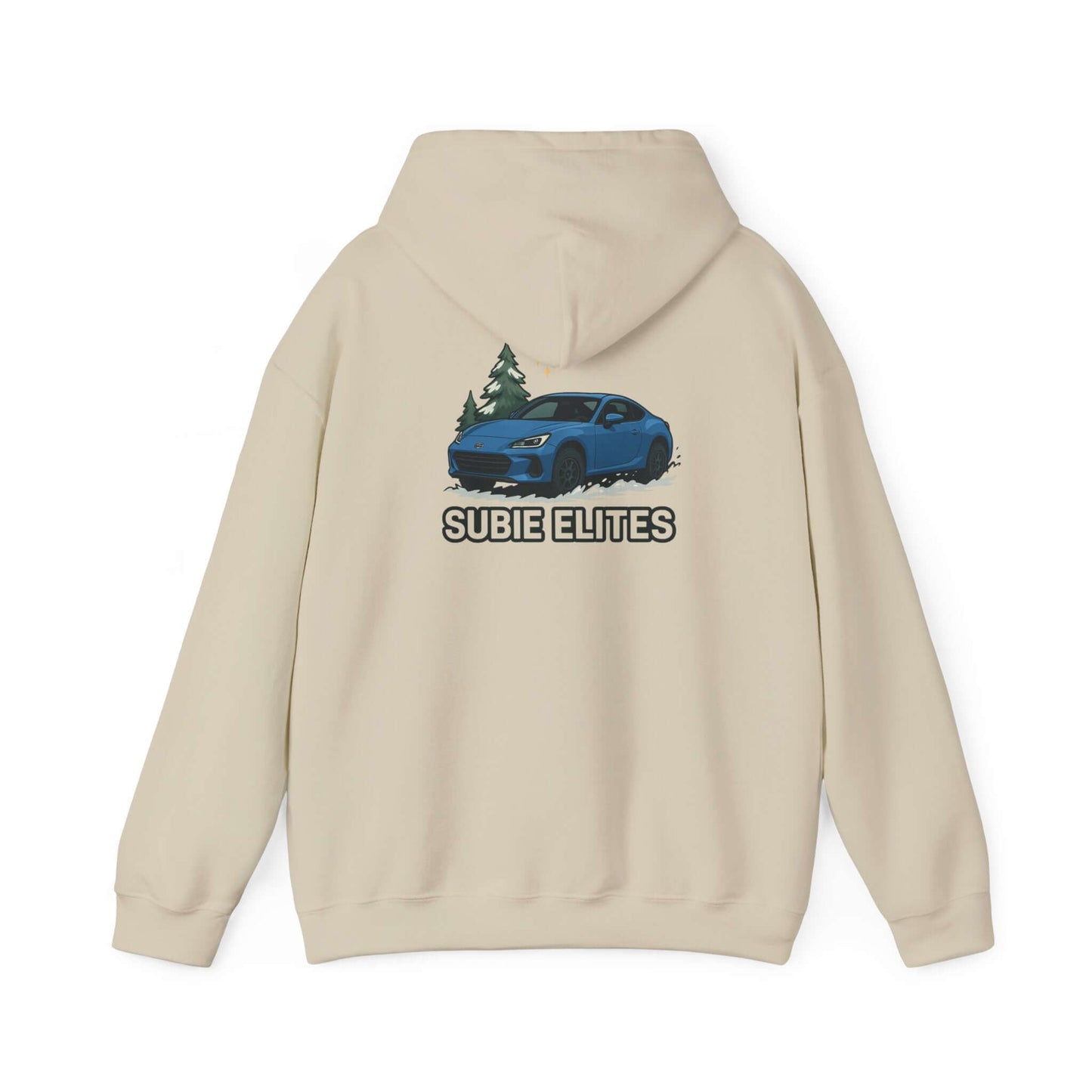 BRZ HOLIDAY HOODIE  pullover with blue BRZ graphic and evergreen trees, perfect for car enthusiasts.