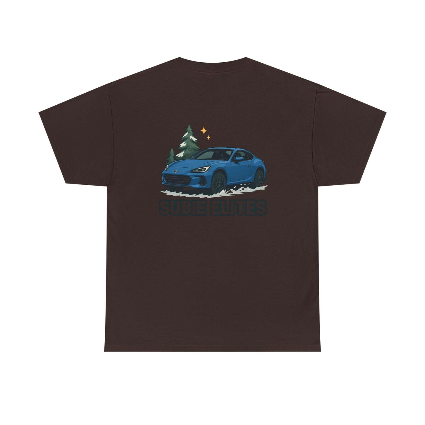 BRZ HOLIDAY T-SHIRT featuring a blue Subaru coupe under evergreen trees with 'SUBIE ELITES' text on the back.