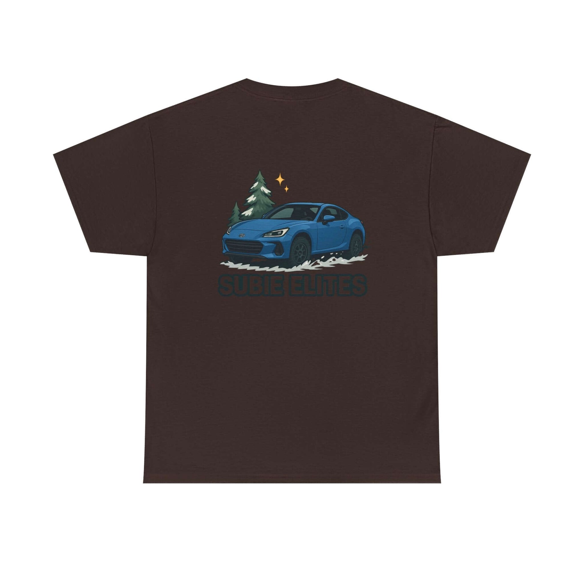 BRZ HOLIDAY T-SHIRT featuring a blue Subaru coupe under evergreen trees with 'SUBIE ELITES' text on the back.