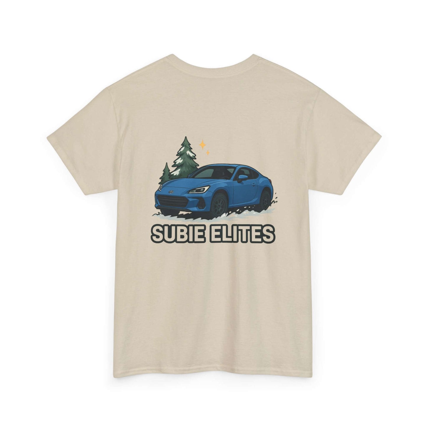 BRZ HOLIDAY T-SHIRT featuring a blue Subaru coupe under evergreen trees with 'SUBIE ELITES' text on the back.