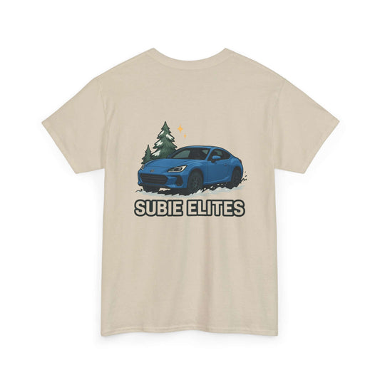 BRZ HOLIDAY T-SHIRT featuring a blue Subaru coupe under evergreen trees with 'SUBIE ELITES' text on the back.