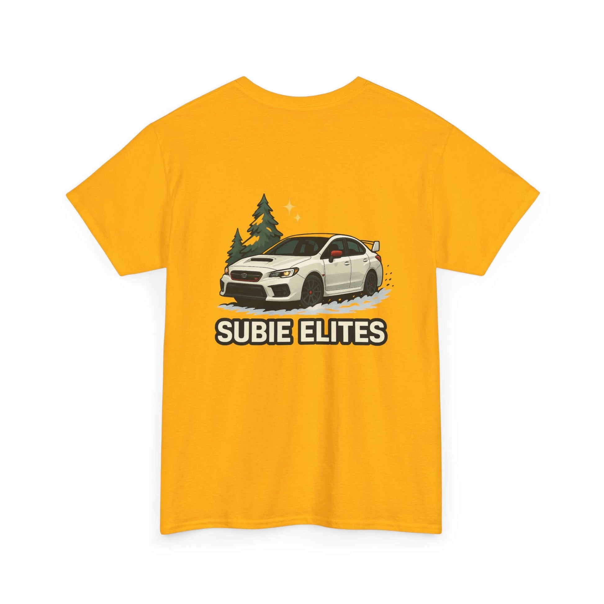 Subie Elites T-Shirt —WRX/STI Car Club Graphic Tee featuring a Subaru and pine silhouettes on a yellow tee.