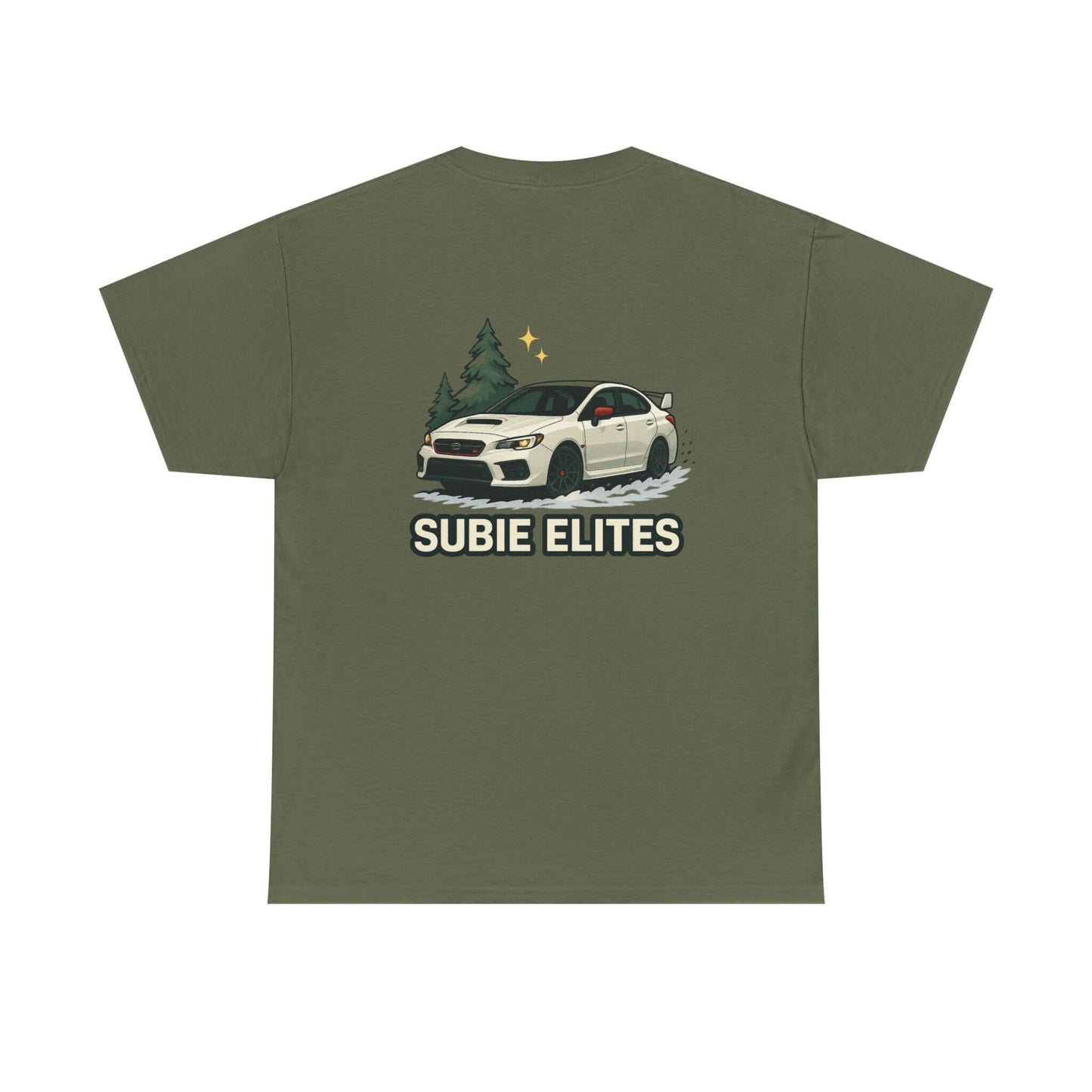 Subie Elites T-Shirt —WRX/STI Car Club Graphic Tee featuring a Subaru parked under pine trees.