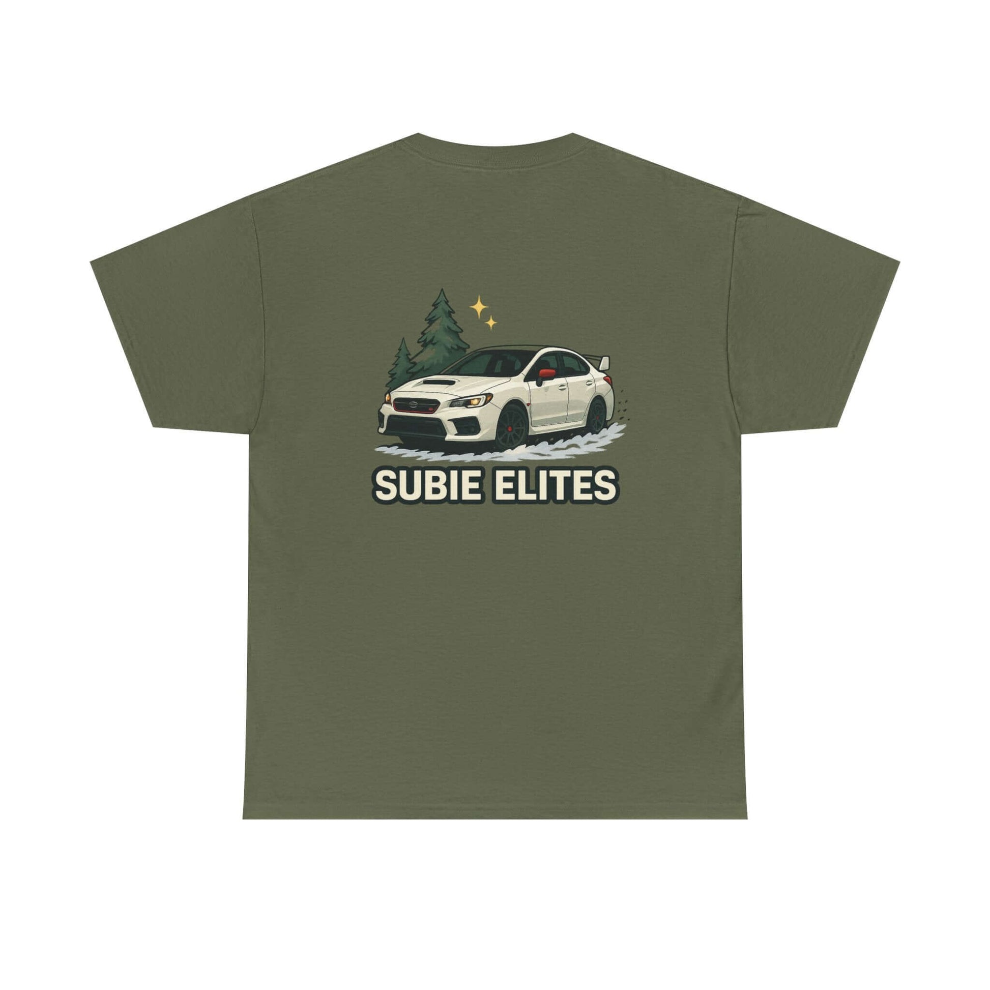 Subie Elites T-Shirt —WRX/STI Car Club Graphic Tee featuring a Subaru parked under pine trees.
