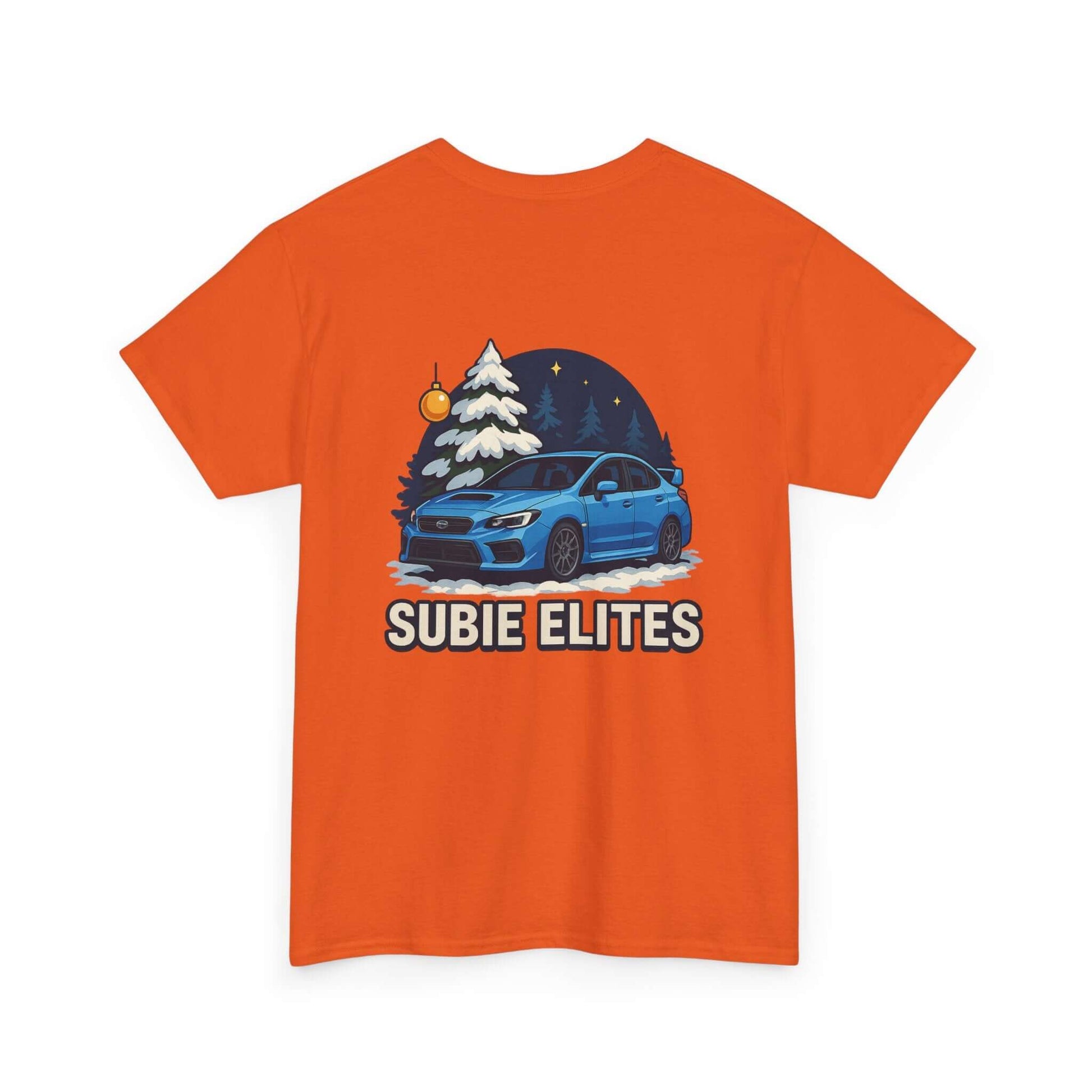 WRX HOLIDAY T-SHIRT featuring a blue Subaru design with holiday trees and the text SUBIE ELITES on a t-shirt.