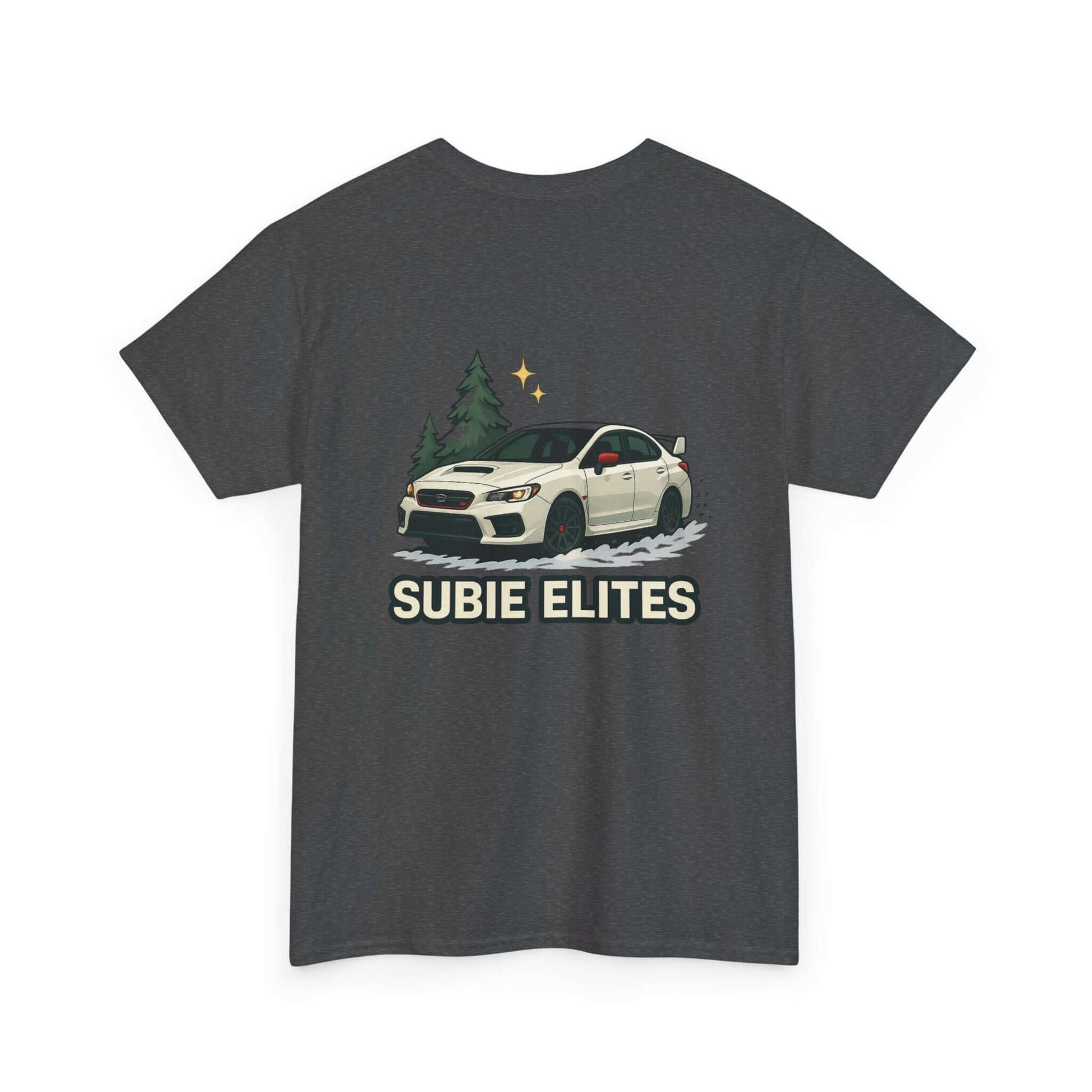 Subie Elites T-Shirt —WRX/STI  Car Club Graphic Tee featuring a Subaru parked beneath trees.