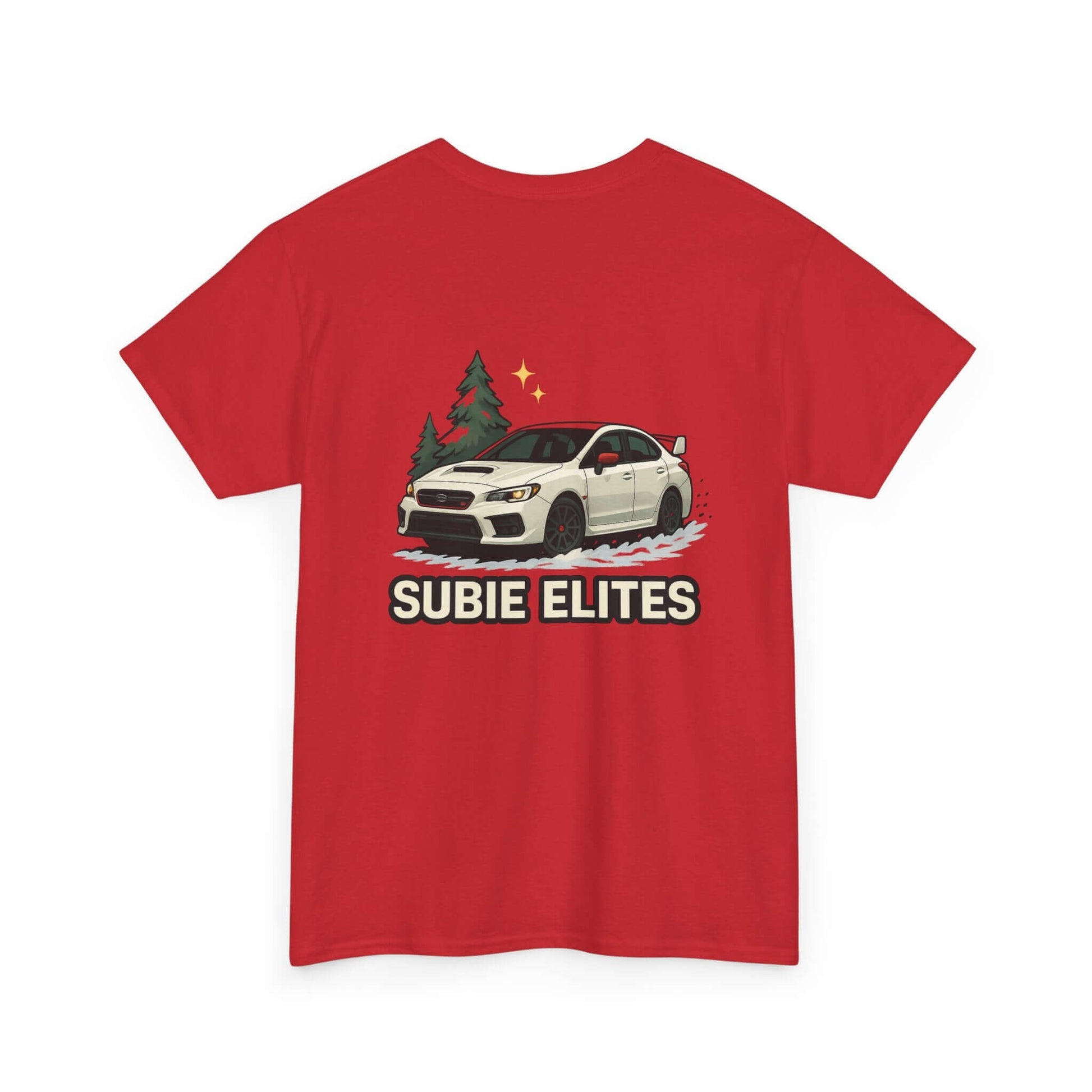 Subie Elites T-Shirt —WRX/STI Car Club Graphic Tee featuring a Subaru graphic on a red crew neck tee.