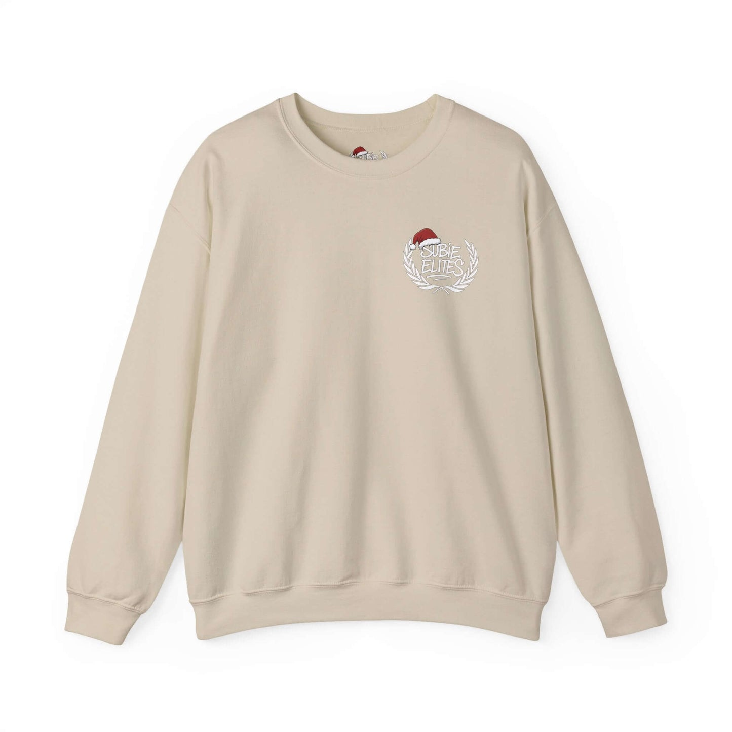 WRX STI CAR GRAPHIC PULLOVER featuring a soft beige crewneck sweatshirt with an embroidered badge on the chest.