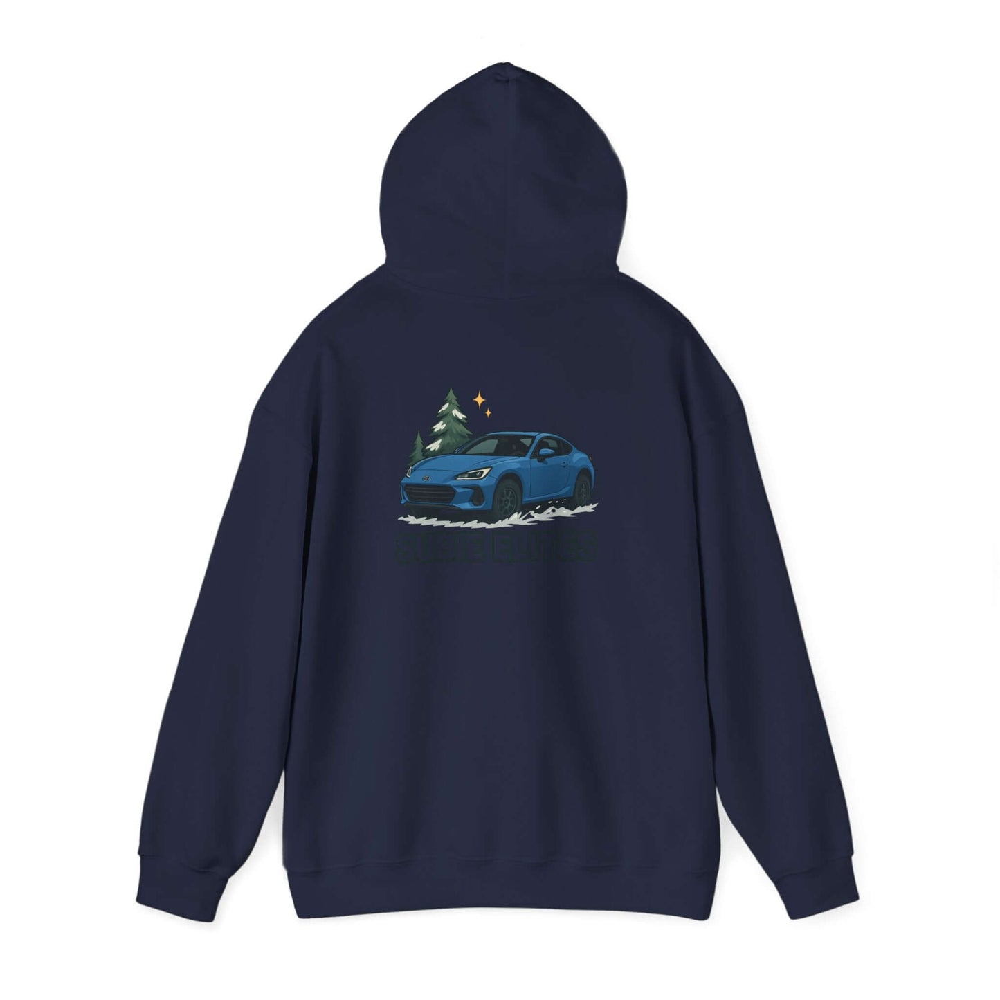 BRZ HOLIDAY HOODIE  pullover with blue BRZ graphic and evergreen trees, perfect for car enthusiasts.