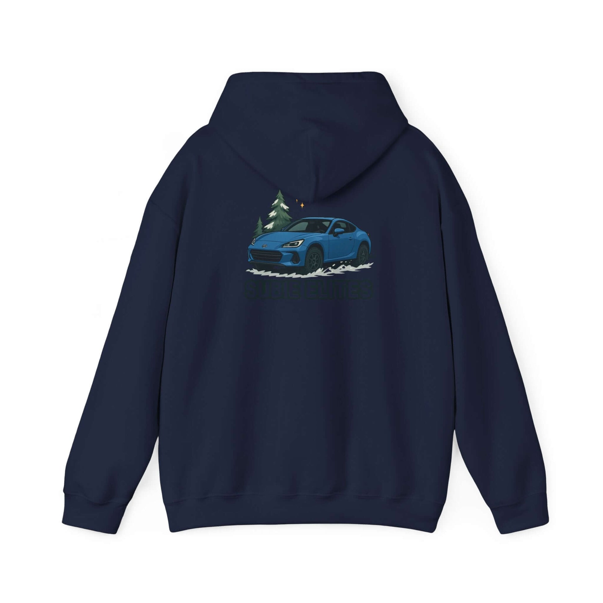 BRZ HOLIDAY HOODIE  pullover with blue BRZ graphic and evergreen trees, perfect for car enthusiasts.