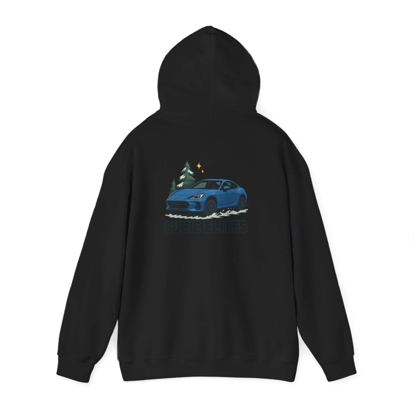 BRZ HOLIDAY HOODIE  pullover with blue BRZ graphic and evergreen trees, perfect for car enthusiasts.