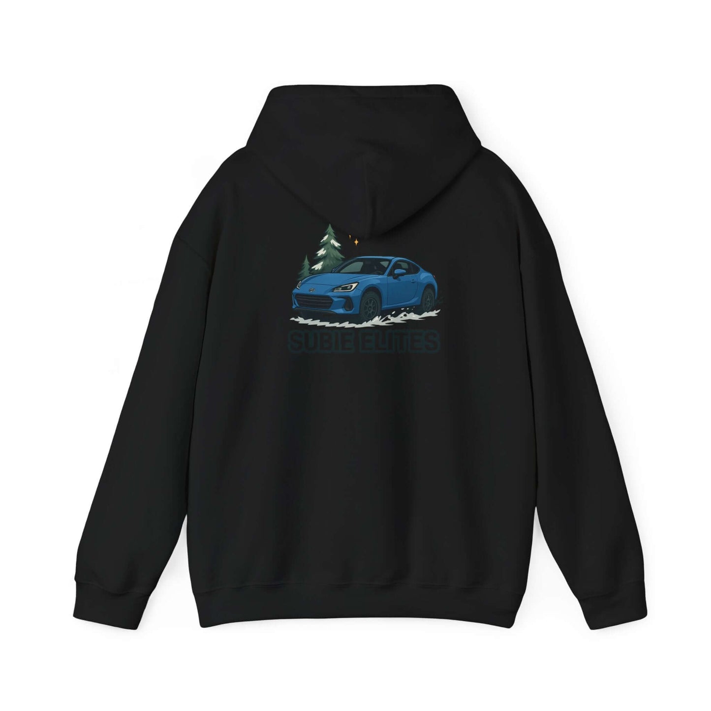 BRZ HOLIDAY HOODIE  pullover with blue BRZ graphic and evergreen trees, perfect for car enthusiasts.
