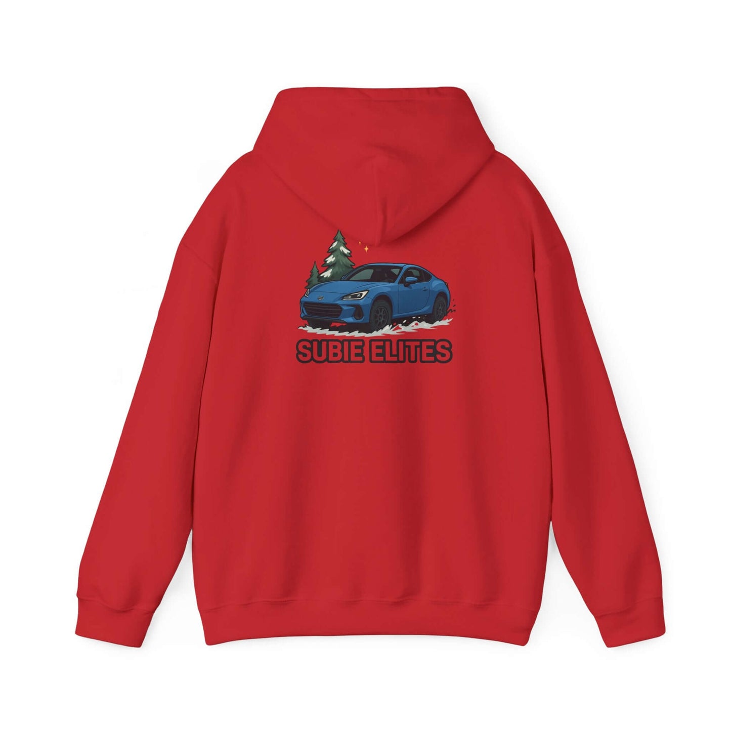 BRZ HOLIDAY HOODIE  pullover with blue BRZ graphic and evergreen trees, perfect for car enthusiasts.