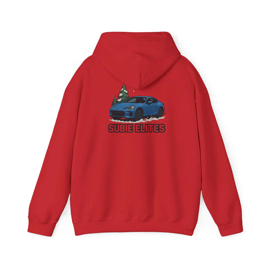 BRZ HOLIDAY HOODIE  pullover with blue BRZ graphic and evergreen trees, perfect for car enthusiasts.