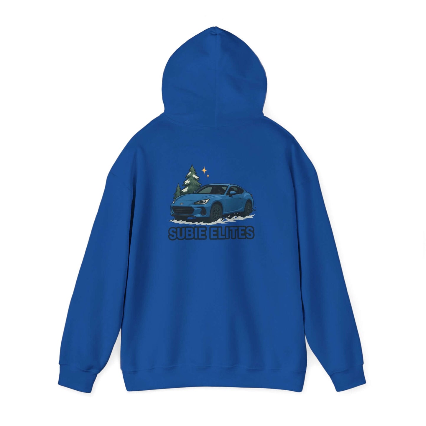 BRZ HOLIDAY HOODIE  pullover with blue BRZ graphic and evergreen trees, perfect for car enthusiasts.