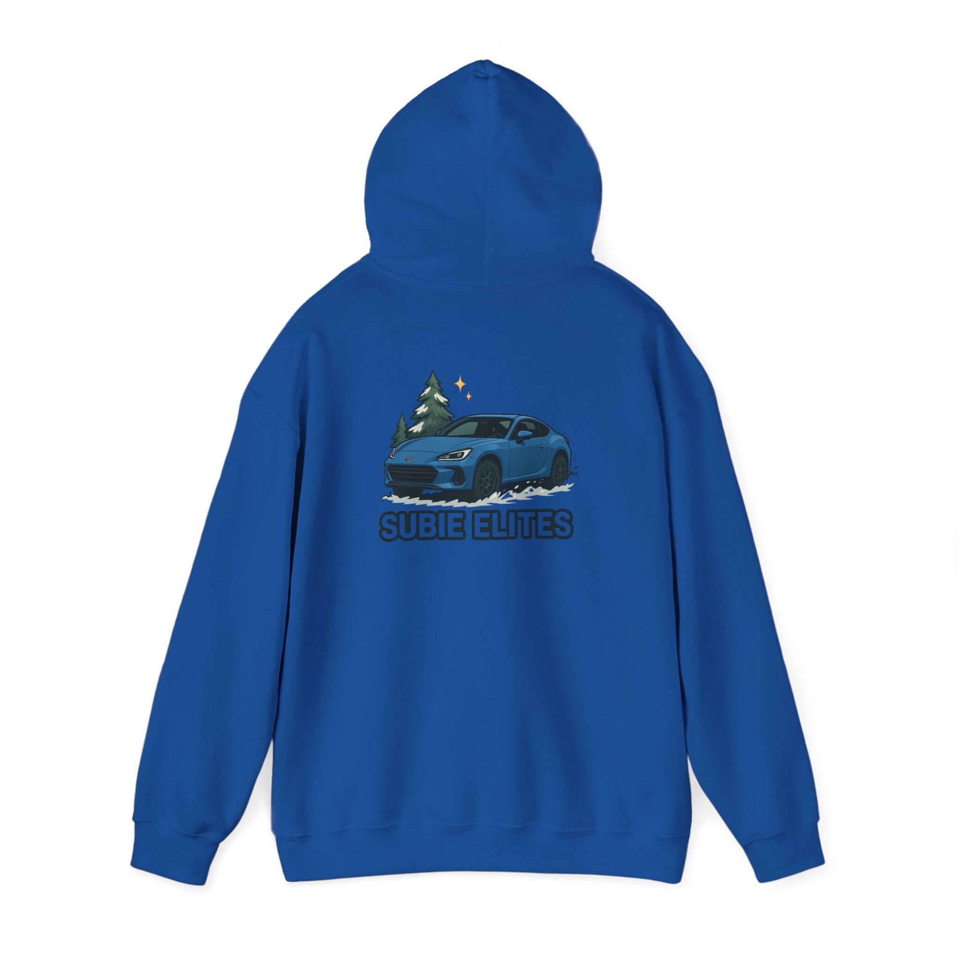 BRZ HOLIDAY HOODIE  pullover with blue BRZ graphic and evergreen trees, perfect for car enthusiasts.