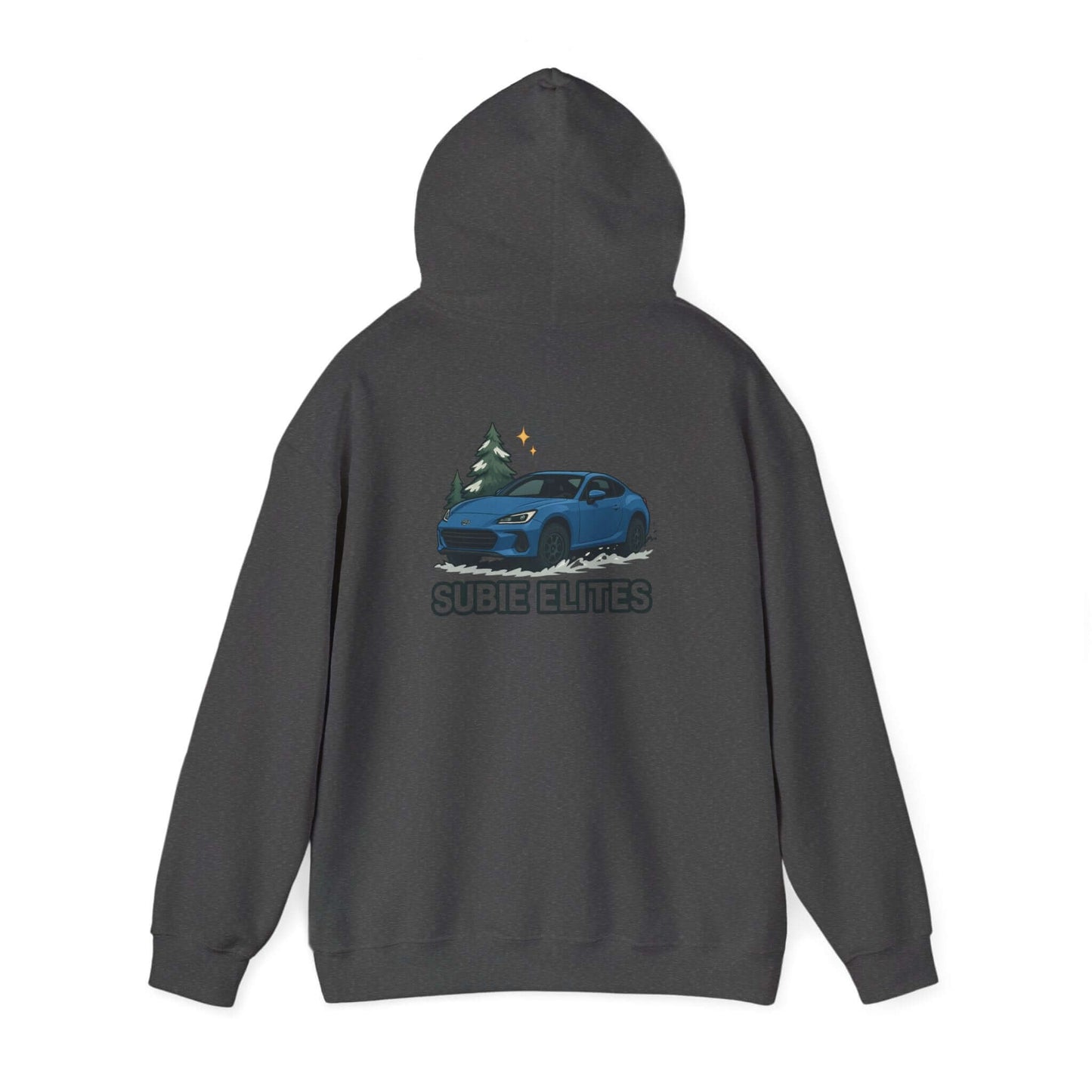 BRZ HOLIDAY HOODIE  pullover with blue BRZ graphic and evergreen trees, perfect for car enthusiasts.