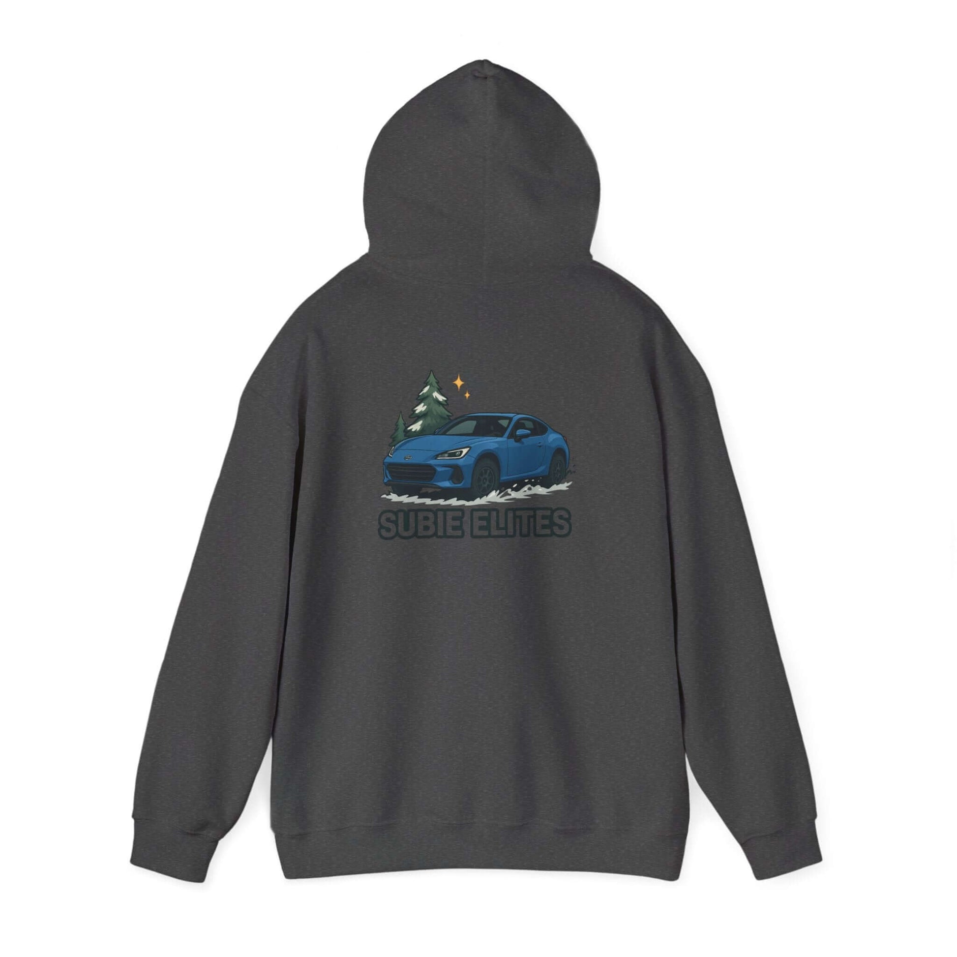 BRZ HOLIDAY HOODIE  pullover with blue BRZ graphic and evergreen trees, perfect for car enthusiasts.