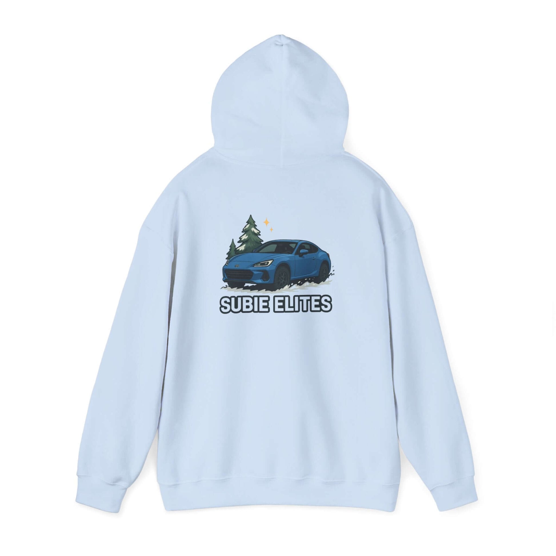 BRZ HOLIDAY HOODIE  pullover with blue BRZ graphic and evergreen trees, perfect for car enthusiasts.