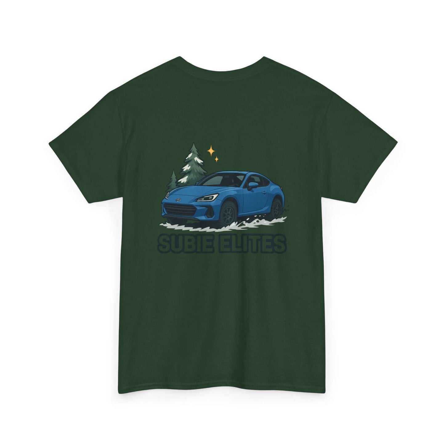 BRZ HOLIDAY T-SHIRT featuring a blue Subaru coupe under evergreen trees with 'SUBIE ELITES' text on the back.
