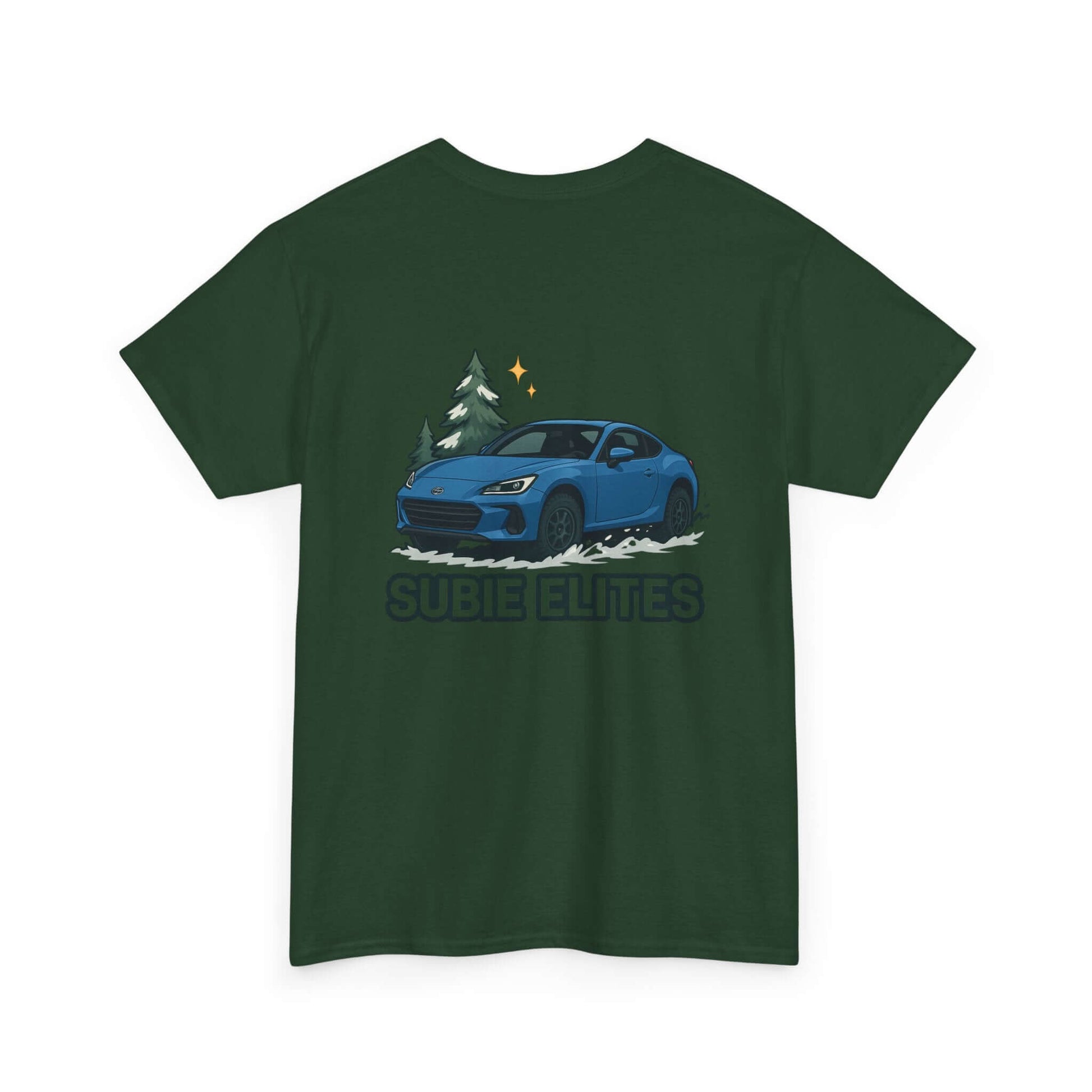 BRZ HOLIDAY T-SHIRT featuring a blue Subaru coupe under evergreen trees with 'SUBIE ELITES' text on the back.