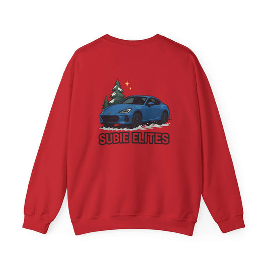 BRZ HOLIDAY SWEATER featuring a BRZ design and 'SUBIE ELITES' text on a  crewneck sweatshirt.
