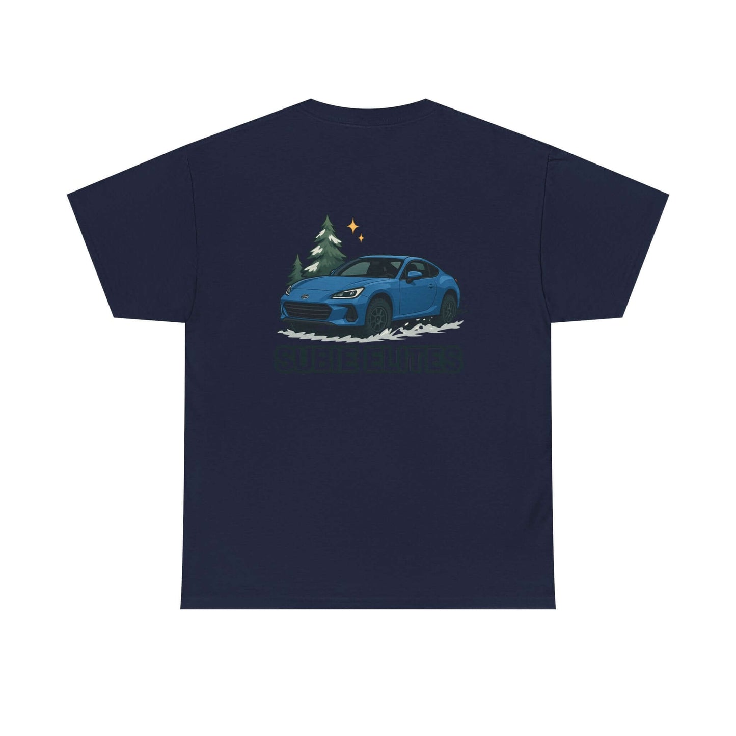 BRZ HOLIDAY T-SHIRT featuring a blue Subaru coupe under evergreen trees with 'SUBIE ELITES' text on the back.