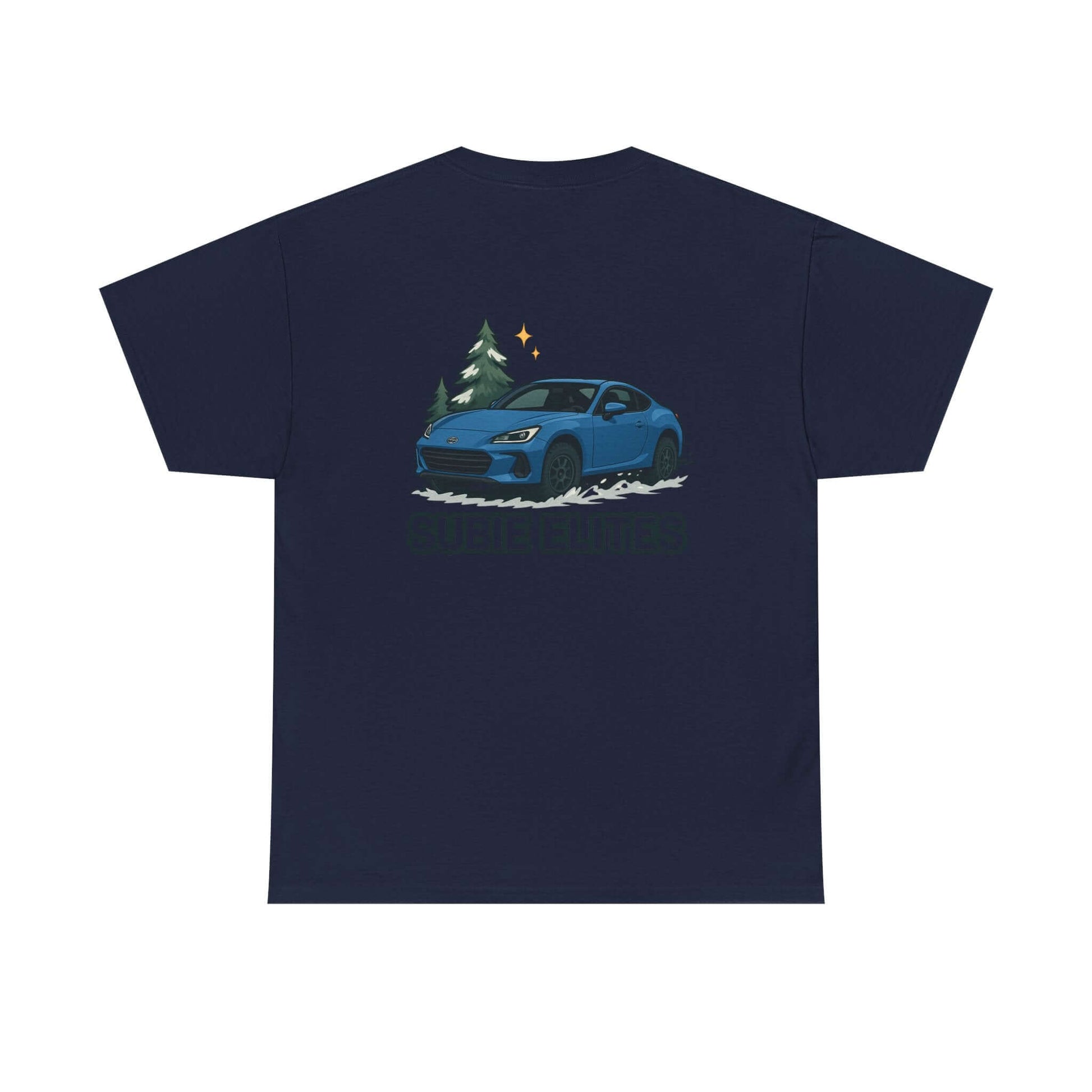 BRZ HOLIDAY T-SHIRT featuring a blue Subaru coupe under evergreen trees with 'SUBIE ELITES' text on the back.